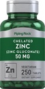 Piping Rock Chelated Zink 50mg | 250 tabletter | Gluconate | Vegetarisk, icke-GMO, Gluten fri tillägg