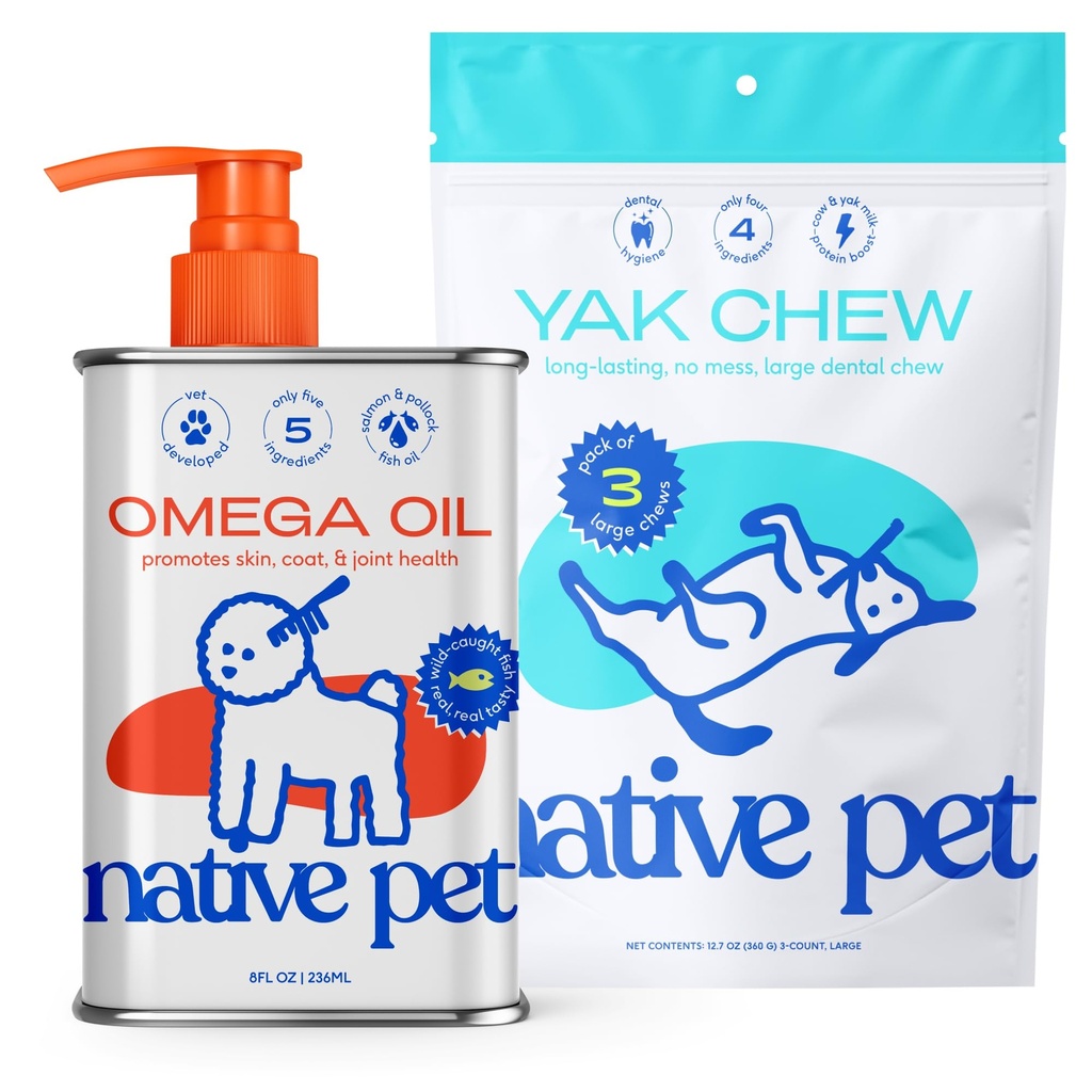 Native Pet Omega Oil för hundar - Dog Fish Oil Supplements & Yak Chews för hundar | Pasture-Raised och Organic Yak Cheese Himalayan Churpi Chews | 8 Oz. & 3 Stora Yak Chews