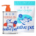 Native Pet Omega Oil för hundar - Dog Fish Oil Supplements & Yak Chews för hundar | Pasture-Raised och Organic Yak Cheese Himalayan Churpi Chews | 8 Oz. & 3 Stora Yak Chews