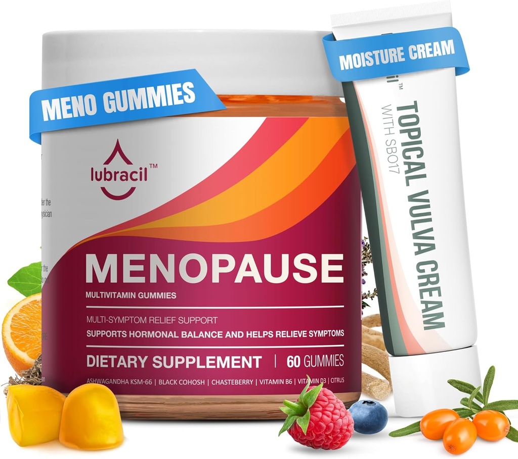 Lubracil Menopause Gummies & Topical Vulva Cream Bundle - Hormonfri stöd för Hot Flashes, Vaginal Dryness, Itching, Mood Swings & Night Sweats med Black Cohosh, Ashwagandha, Omega-7 & Vitamin E