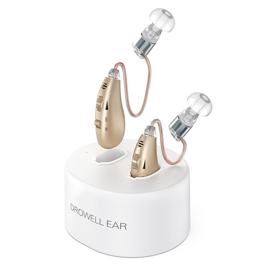 Hörapparater, laddningsbar hörapparat för seniorer och vuxna med bulleravbokning, Bakom-The-Ear OTC Hearing Amplifier Personal Sound Amplification Enheter med bärbar laddningsbas (guld)