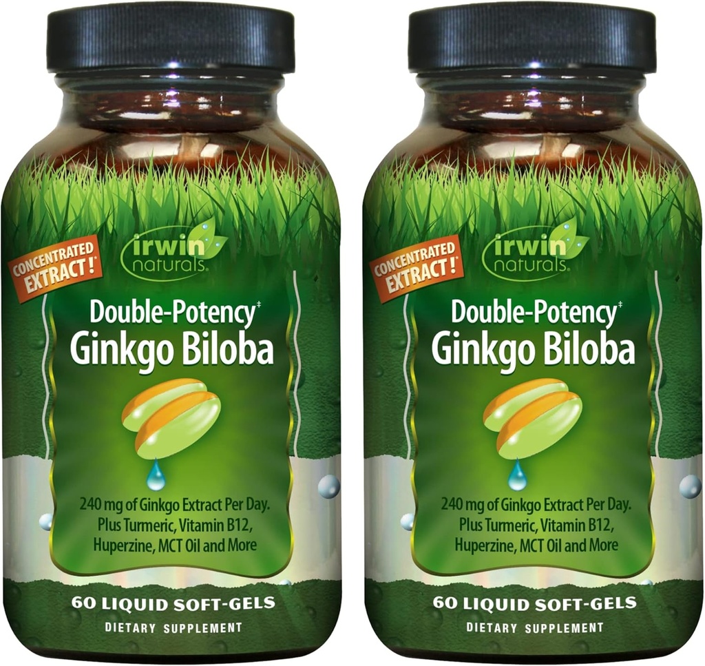 Irwin Naturals Double-Potency Ginkgo Biloba - 60 Liquid Soft-Gels - Brain, Focus & Circulation Support - 2 Pack