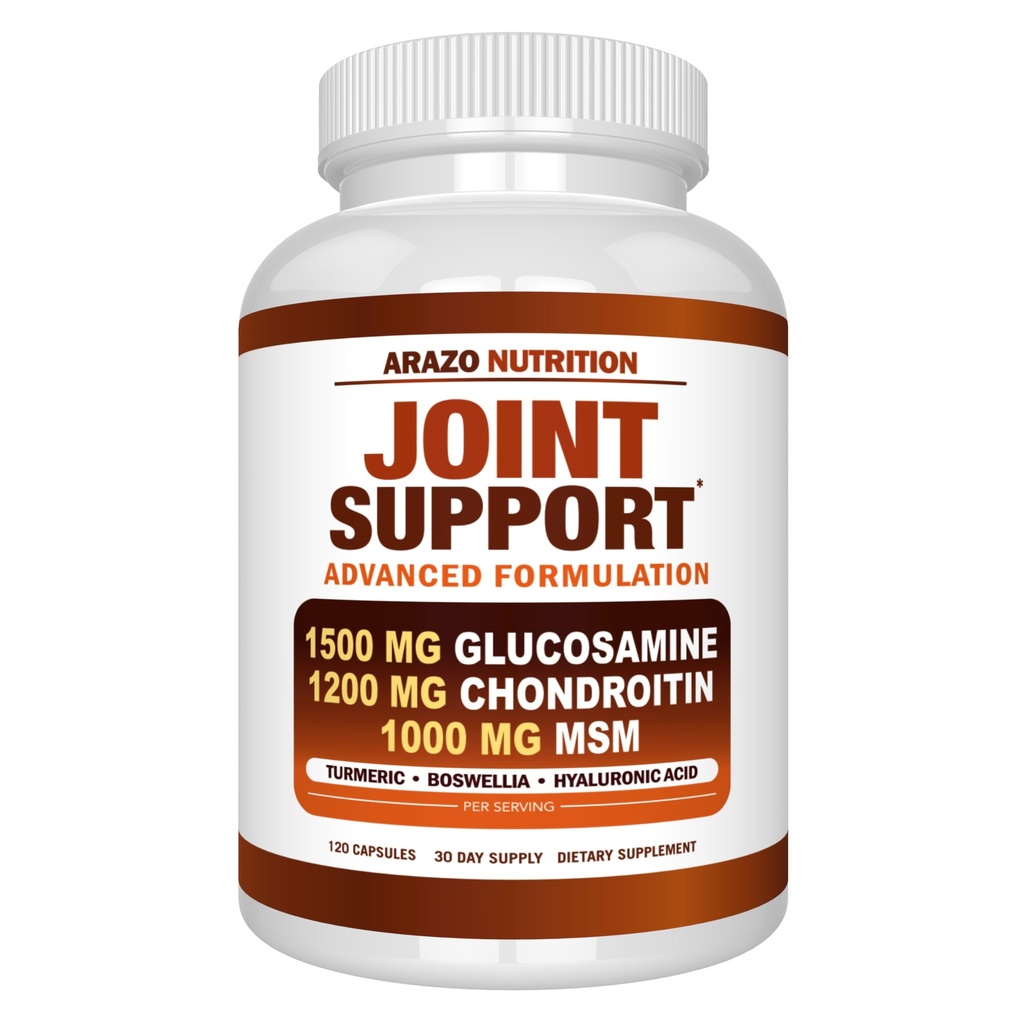 Arazo Nutrition Glukosamin Chondroitin Turmeric Msm Boswellia - Gemensamt stödtillägg för lättnad 120 kapslar för ben, rygg, knän, händer (120 kapslar)