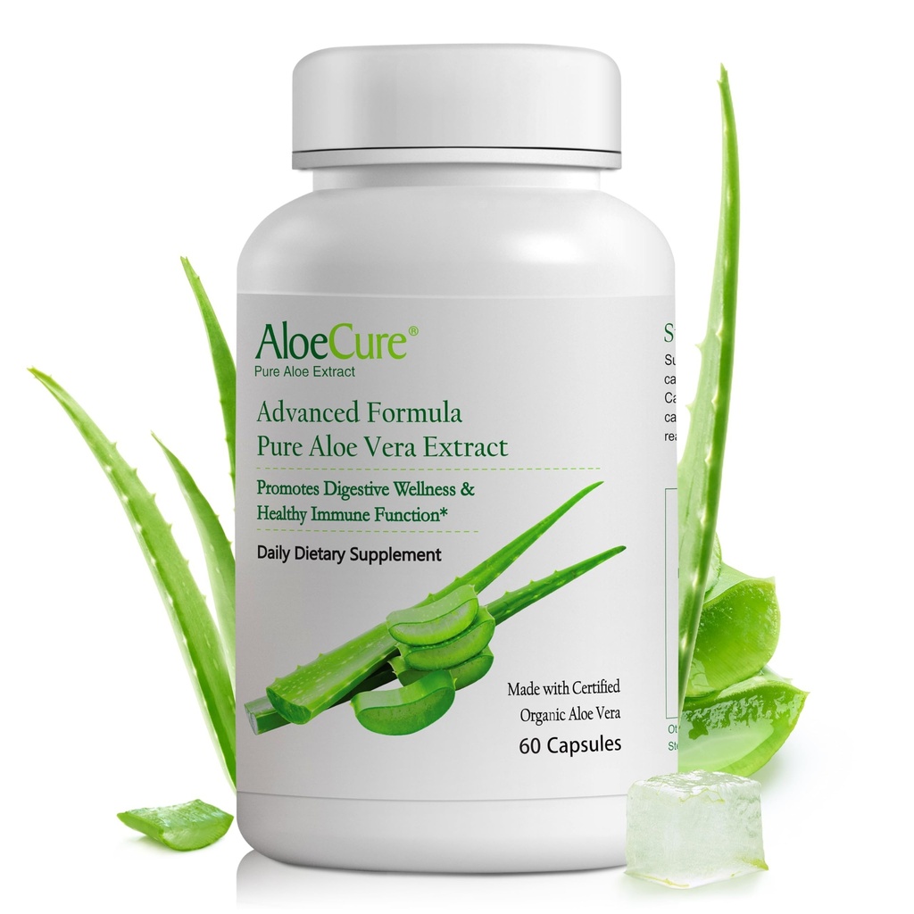 AloeCure Organic Aloe Vera Capsules, 160,000mg Inner Aloe Leaf Equivalent per servering, Support Gut, Digestive, & Immune Health, hjälper till att upprätthålla balanserad magsyra, Aloin Free, 60 kapslar