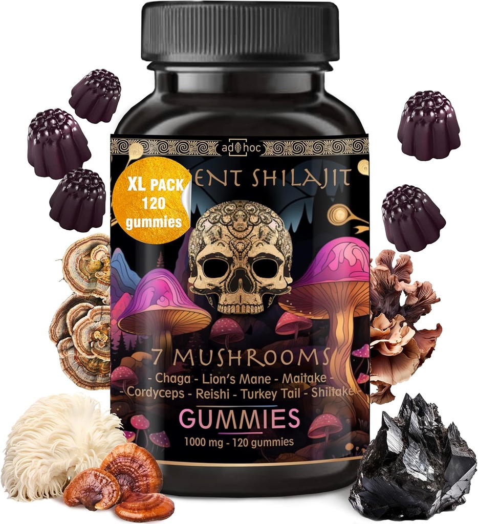 ad hoc Shilajit Pure Himalayan Organic Gummies - Immune Support, Energy Support Supplements - Shilajit Resin Lions Mane, Cordyceps, Reishi, Turkey Tail, Chaga,Shiitake Mushroom Gummies (120 Ct)