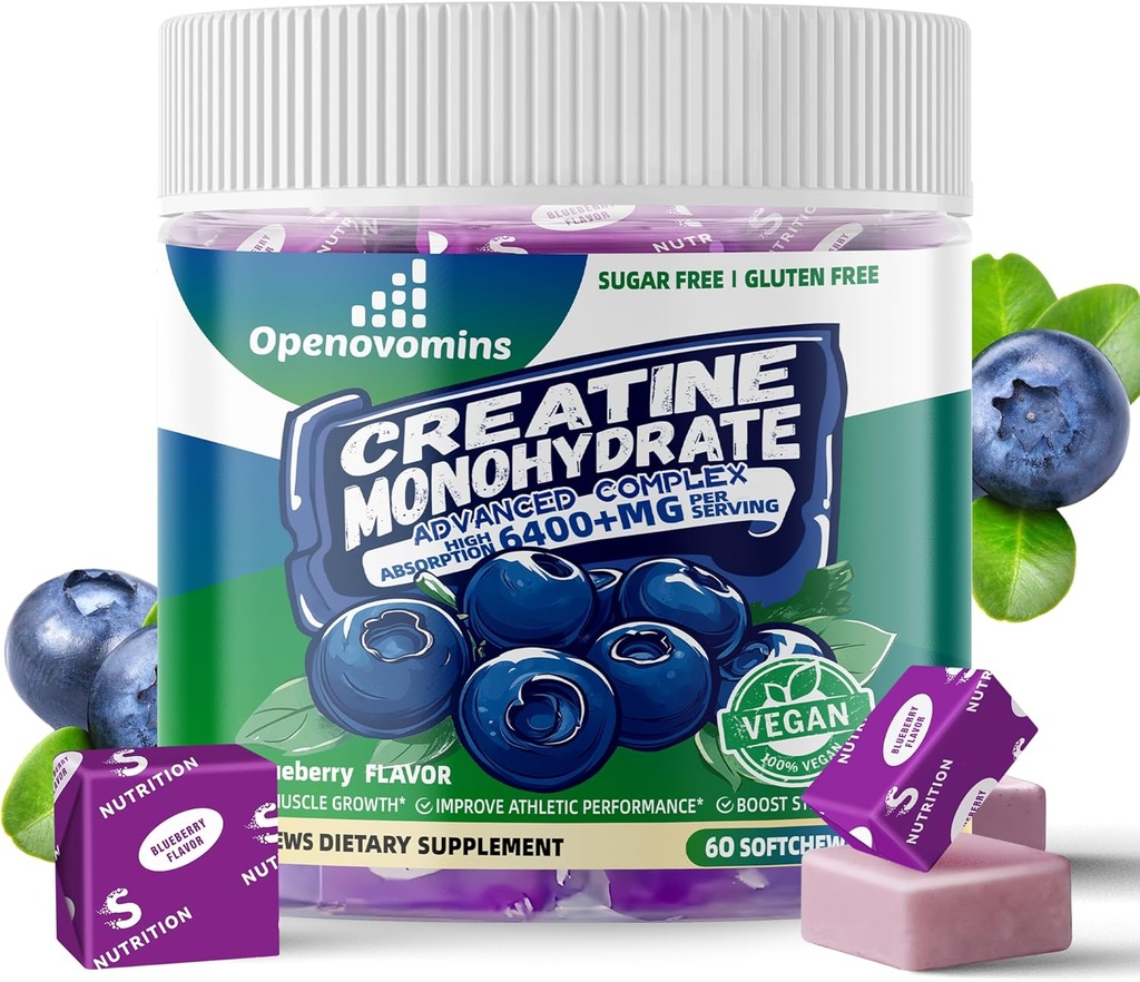 Kreatinmonohydrat Soft Chews Komplex 6400mg för Män & Kvinnor -Avancerad Formel W / L-Taurin + Vitamin B12, Sugar Gratis Tuggbar Supplement, 60 Blueberry Softchews