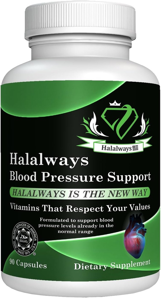 Halalways Blood Pressure Support Certified Halal Supplement Naturligt BP Support med Garlic Bulb Powder, Hawthorn Berry, Green Tea Leaf & Hibiscus Vitamins för Hälsosam Hypertension (BP)
