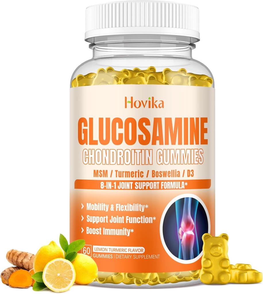 Glukosamin Chondroitin MSM Gummies 1500mg - Gemensamt stöd tillskott med gurkmeja, Boswellia, vitamin D3, Hyaluronsyra, antioxidant, immunstöd för vuxna, män och kvinnor Vegan, 60 Gummies