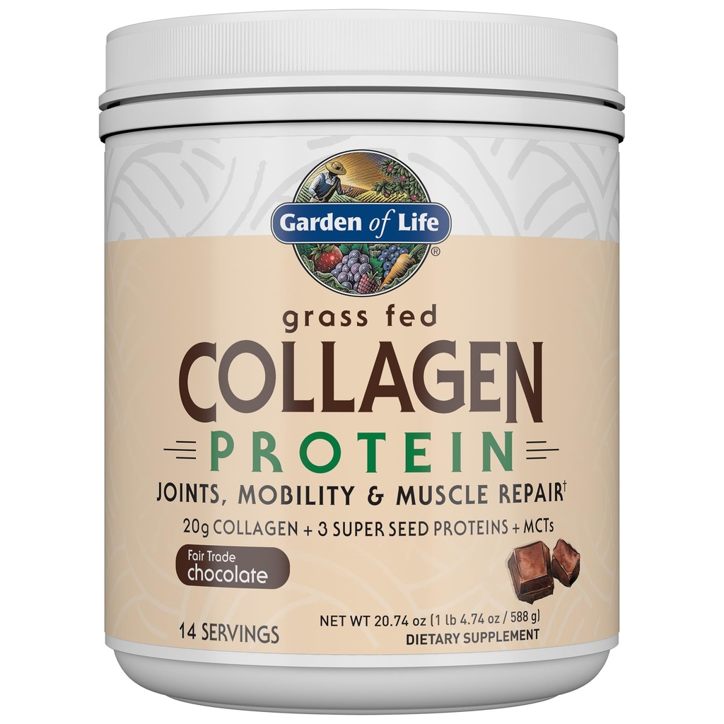 Garden of Life Grass Fed Collagen Protein Powder - Choklad, 14 portioner, pulver för gemensamma Mobility Muscle Repair, Collagen Peptides + Super Seeds + Coconut MCTs, Keto Supplement