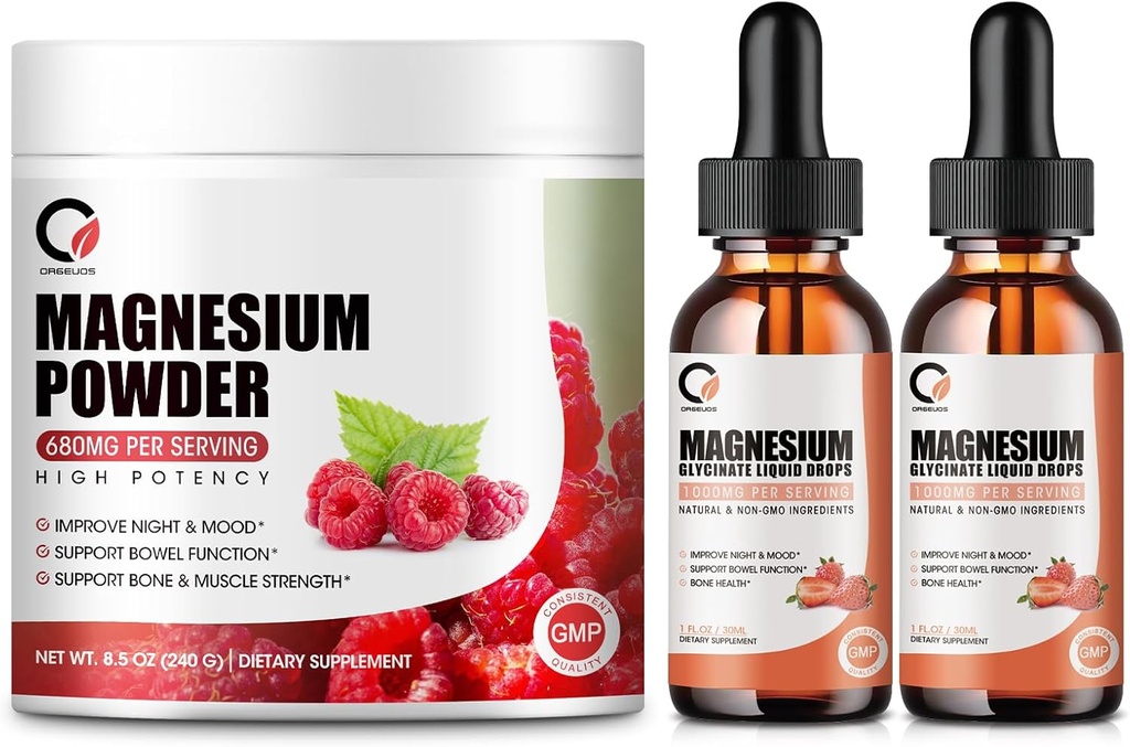 Magnesium Glycinate Drops & 680mg Magnesium Glycinate Komplexpulver för män och kvinnor, Stöd energi, Natt, Muskel & Gemensam Funktion, Icke-GMO, Vegan