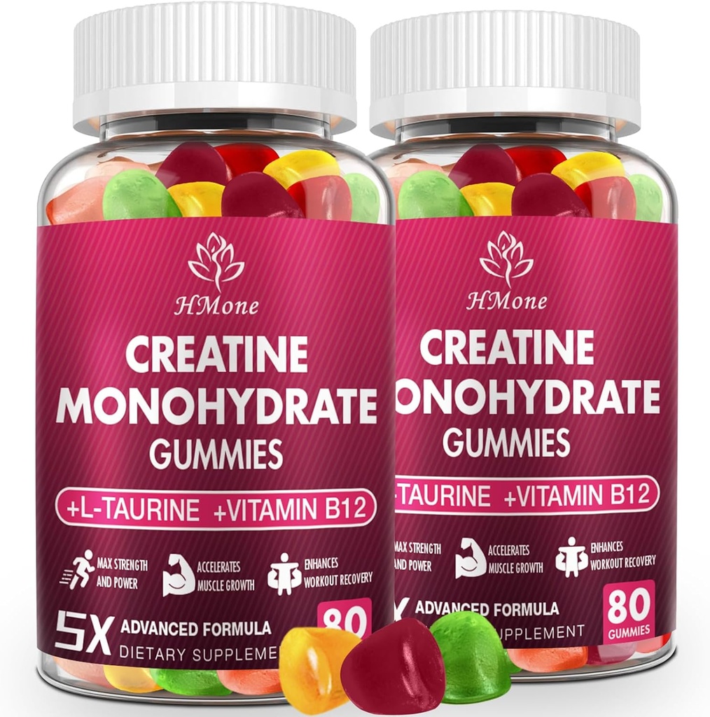 Kreatinmonohydrat Gummies - 5g för män och kvinnor, 160 greve och kreatin tuggtillskott för muskelvinst, muskelstyrka, energiökning och muskelbyggare, sockerfri, Vegan