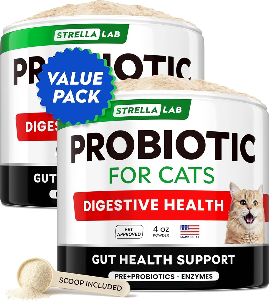StrellaLab Cat Probiotic Powder - Probiotika för katter med diarré - Lätt att blanda pulver - Kattprobiotika för inomhuskatter, hälsotillförsel livsmedelstillskott, Digestive Support (8 oz / Paket 2)