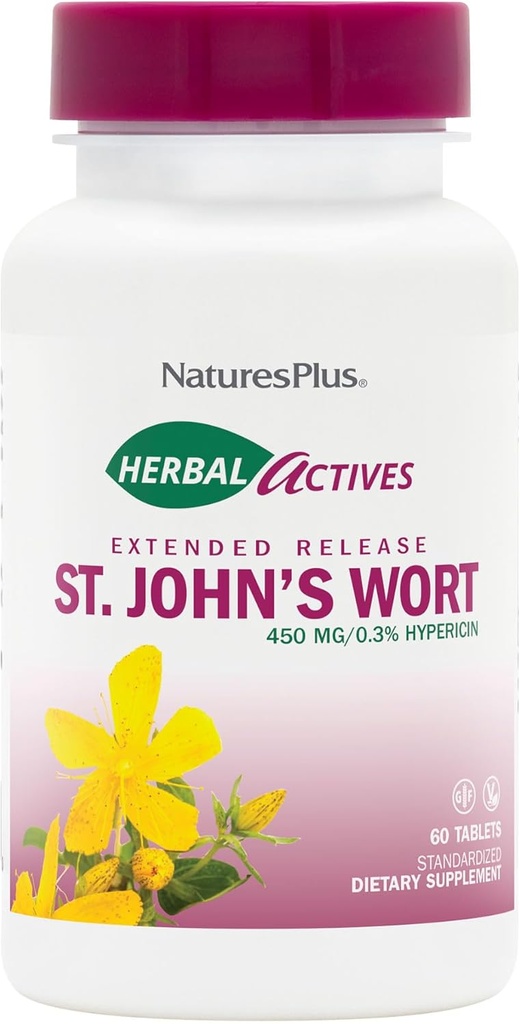 NaturesPlus Herbal Actives St. John's Wort Extended Release - 60 Tablets, Pack of 2 - Stöder ett hälsosamt humör och positivt Outlook - Vegetariskt, glutenfritt - 120 totala portioner