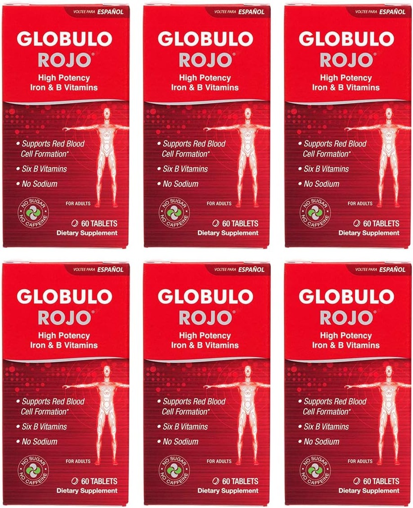 Globulo Rojo Iron Supplement - Kosttillskottspiller med hög styrka järn och B-vitaminer, 60 tabletter - 6 Pack