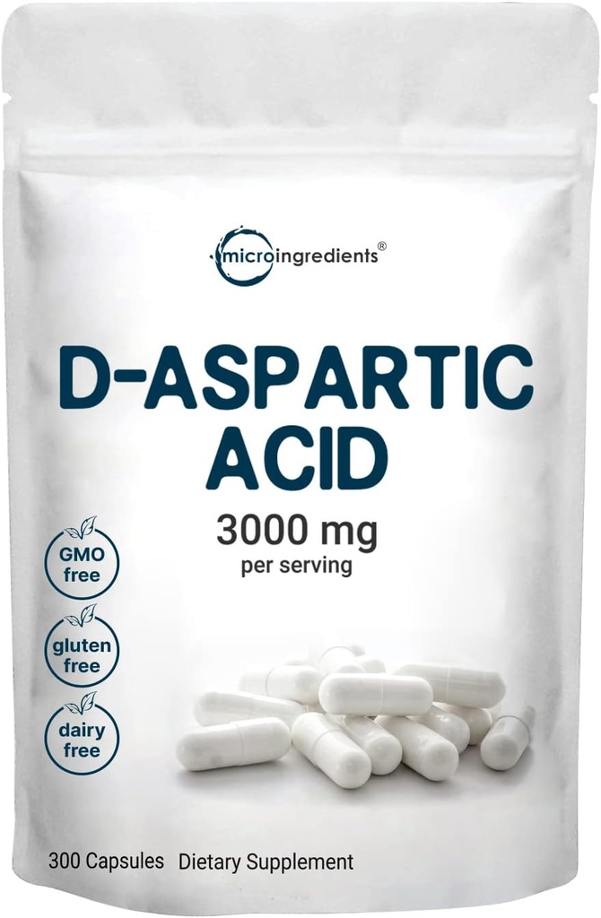 Micro Ingredients D-Aspartic Acid 3.000mg Per Servering, 300 kapslar | Pure DAA for Energy, Testosterone & Performance Support | Non-GMO, Gluten-Free, Soy-Free