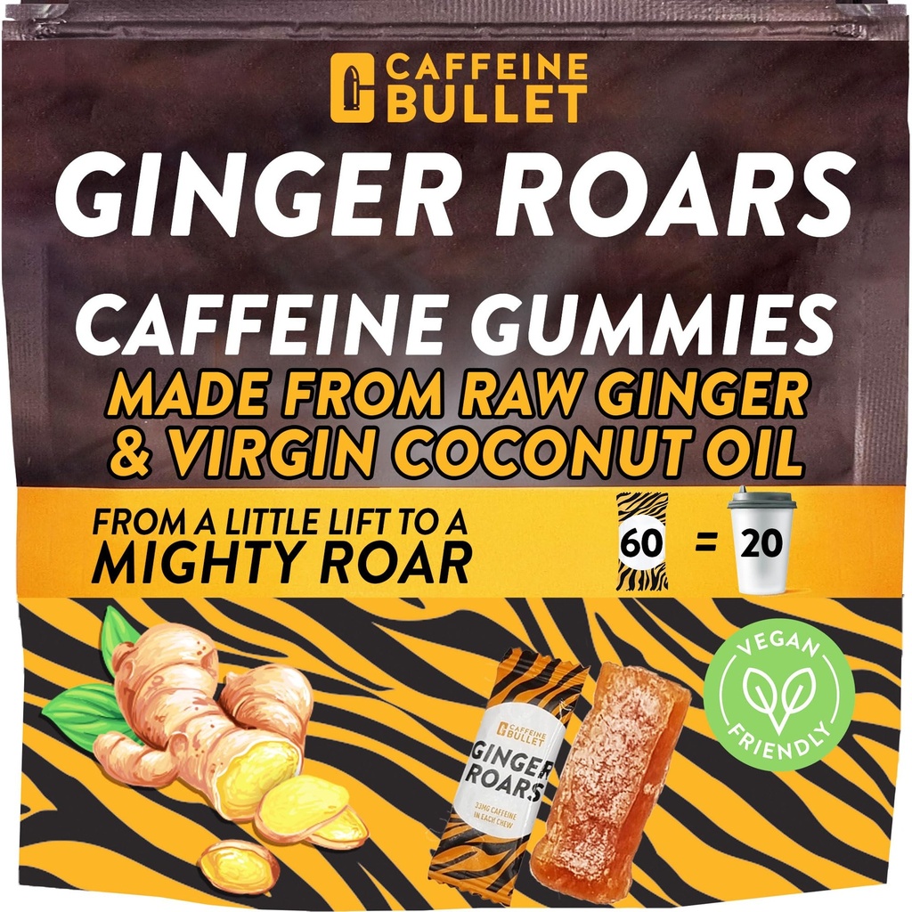Ginger Roars - 60 Energy Gummies - Vegan Caffeine Chews Varje 33mg, Gjord med en god, naturlig eldspark för förbättrad körning, cykel, Preworkout & Focus.
