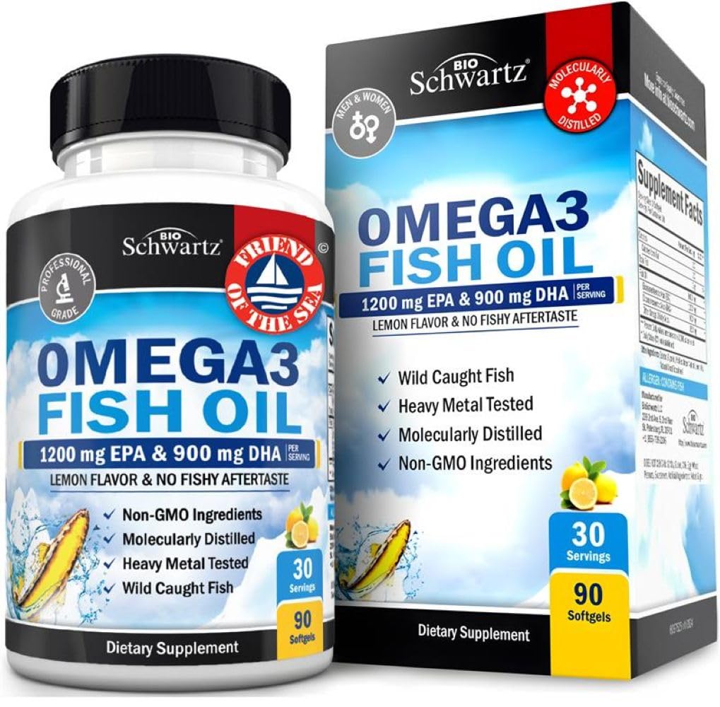 Triple Strength Omega 3 Fish Oil 3000mg - High Potency Omega 3 Supplement for Women and Men, Burpless Lemon Flavor Fish Oil - 2250mg Essential Fatty Acids with DHA & EPA, Wild Caught, 90 Softgels