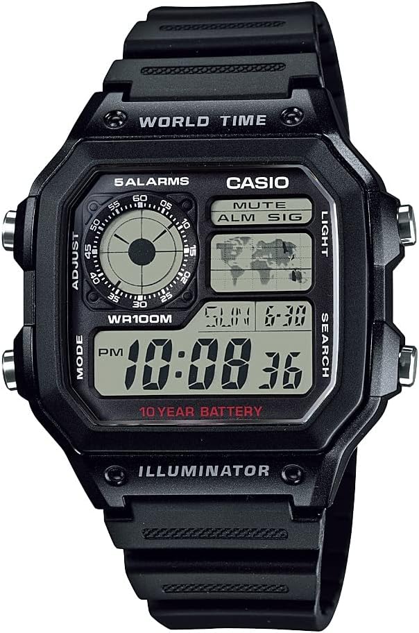 Casio AE1200WH-serien | Mäns digitala klocka | 100M WR | Multilarm | 100 SEC Stopwatch | Countdown Timer | Världskarta för världstid | LED Light | LC Analog Display | 10 år batteri