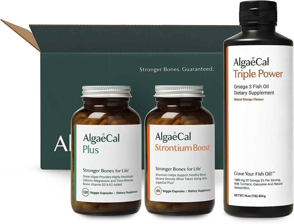 ALGAECAL Welcome Kit - Bone Builder Pack, Plant Based Calcium Supplement & Strontium, 16 näringsämnen för Bone Health + EPA & DHA Omega 3 Fish Oil, Stöd Brain, Heart, Skin & Bones, Made in USA