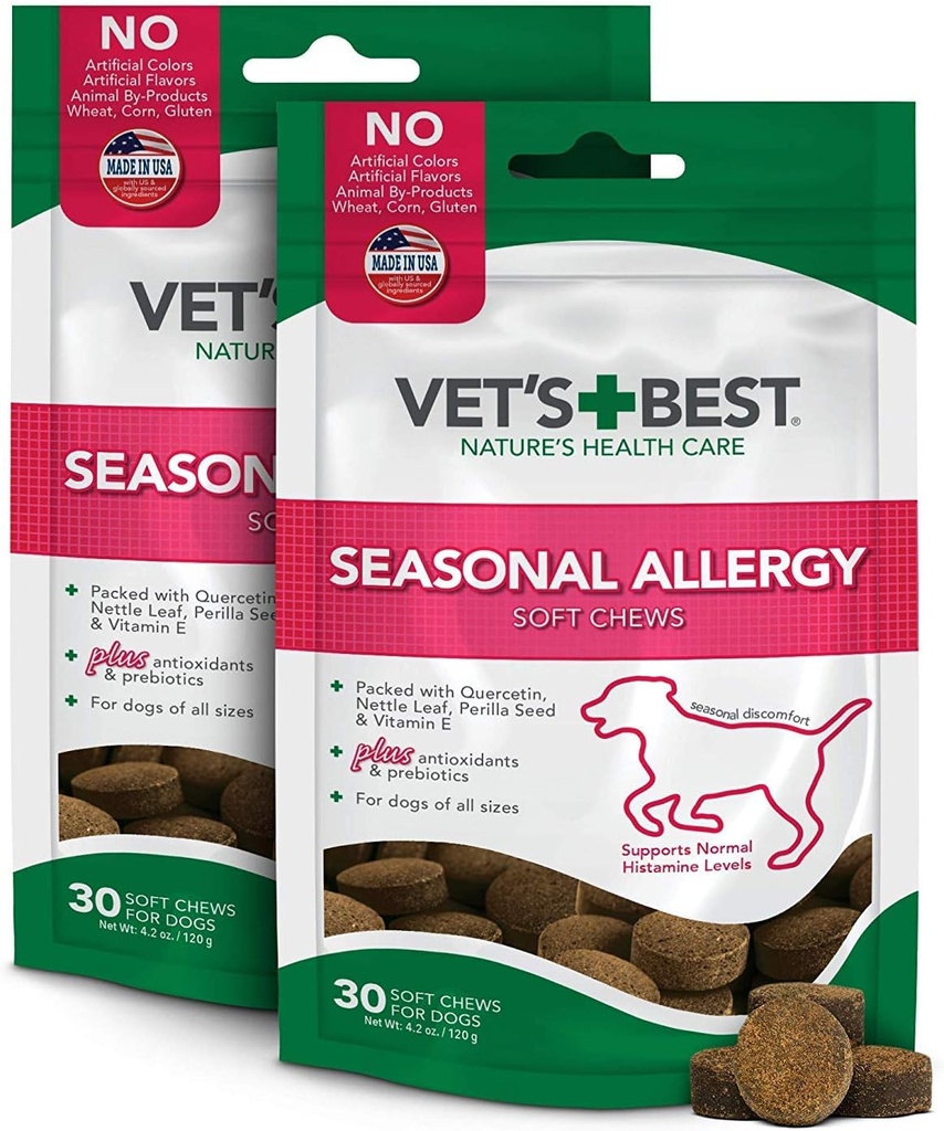 Vet's Best Seasonal Allergy Soft Chew Dog Supplements | Soothes Dogs Skin Irritation Due to Seasonal Allergies | Maintain Histamine Levels | 50 Chewable Tablets, 30 Count (Pack of 2)