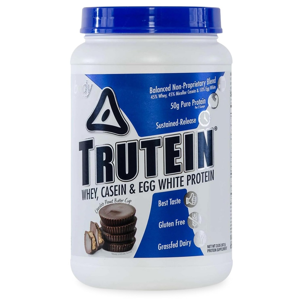 Body Nutrition Trutein High Protein Powder: 45% Whey, 45% Casein, 10% Egg White, Gluten-Free, Low Sodium, Grass Fed Whey Protein Powder, Gym Supplement & Breakfast Shake, Chocolate Peanut Butter, 2lb