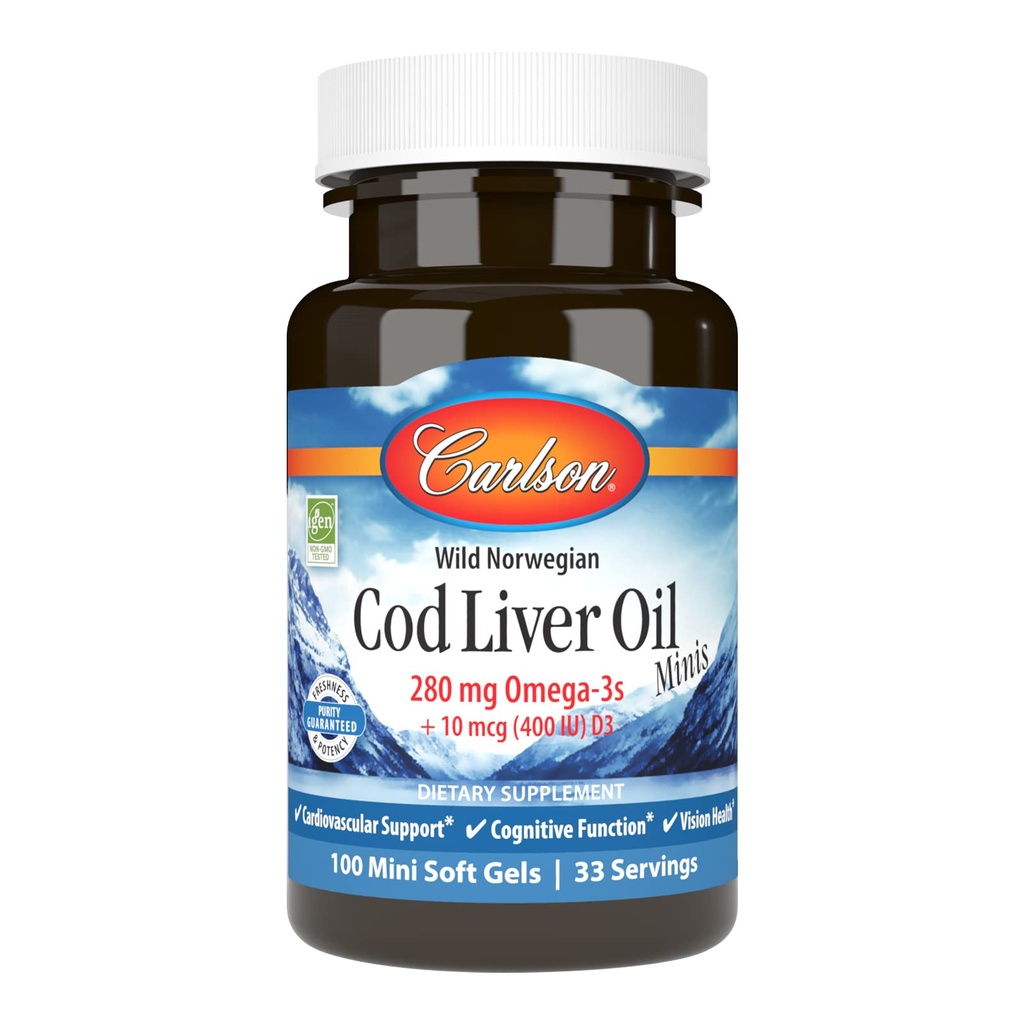 Carlson - Cod Liver Oil Minis, 280 mg Omega-3s + Vitaminer A & D3, Heart Support & Cognitive Function, Vision Health, 100 Mini Softgels