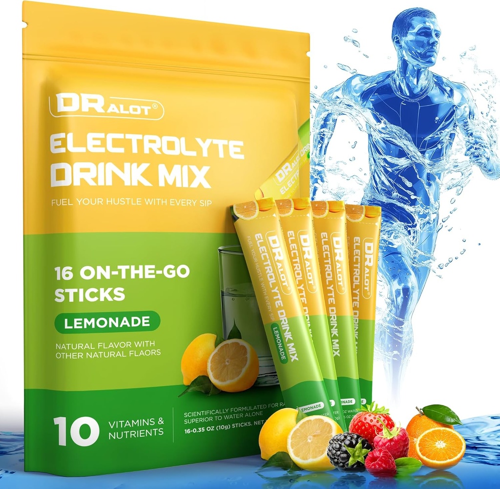 Sugar Free Electrolytes Powder med naturliga smaker, 3X Rapid Hydration Packets med 10 Electrolyte & Vitaminer, Liquid Daily IV, Non-GMO, Gluten-Free, Keto, Vegan, 16 Sticks, Lemon