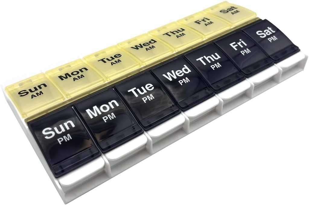 EZY DOSE Push Button (7-Day) Pill Case, Medicine Planner, Vitamin Organizer, 2 gånger om dagen, AM / PM Container, X-Large Compartments, Arthritis Friendly, Easy to Use, Clear Lids, Blue / Yellow, BPA Free