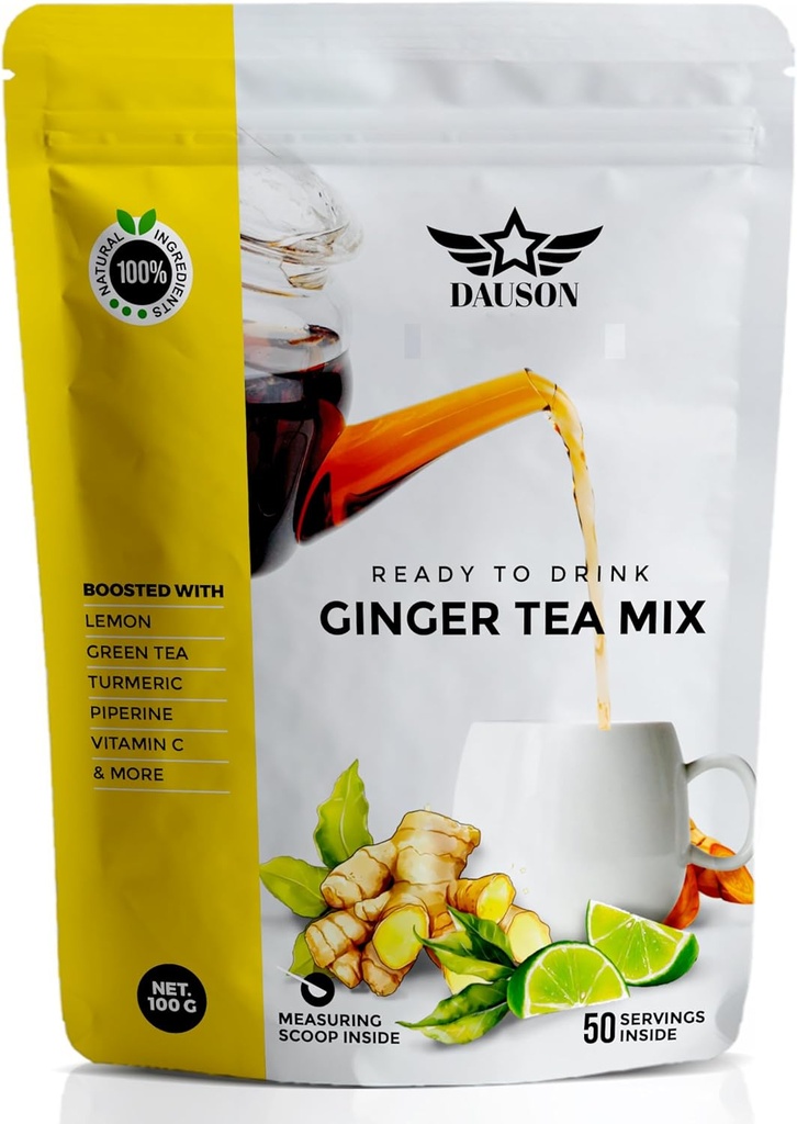 Ginger Lemon Herbal Tea Powder - Uppfriskande Blend med lakrits, gurkmeja, Decaf Green Tea, vitamin C - Koffeinfri, Vegan, Gut-Friendly Detox Tea - 50 portioner