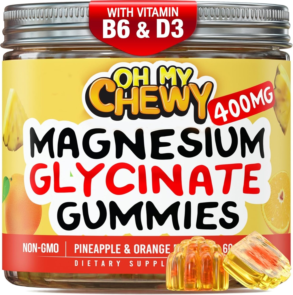 Center-Filled Magnesium Glycinate Gummies 400MG - High Absorption for Kids, Teens & Adults - Supplement for Sleep, Calm & Muscle Relaxation with B6 & D3 - Gluten Free & Vegan Friendly - 60 Count