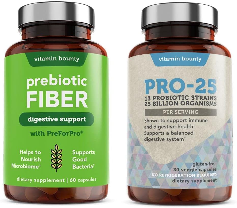 Vitamin Bounty Pro-25 Probiotika och Prebiotic Fiber Bundle - Dietary Fiber, 13 Probiotic Strains, Gut Health, Digestive Health, Delayed Release - Bundle