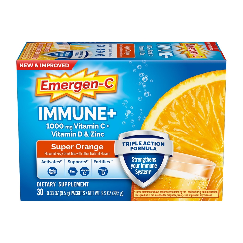 Emergen-C Immune+ Triple Action Immune Support Powder, BetaVia (R), 1000mg Vitamin C, B Vitaminer, Vitamin D och Antioxidanter, Super Orange, Tillbaka till Skolans Essentials - 30 Räkna