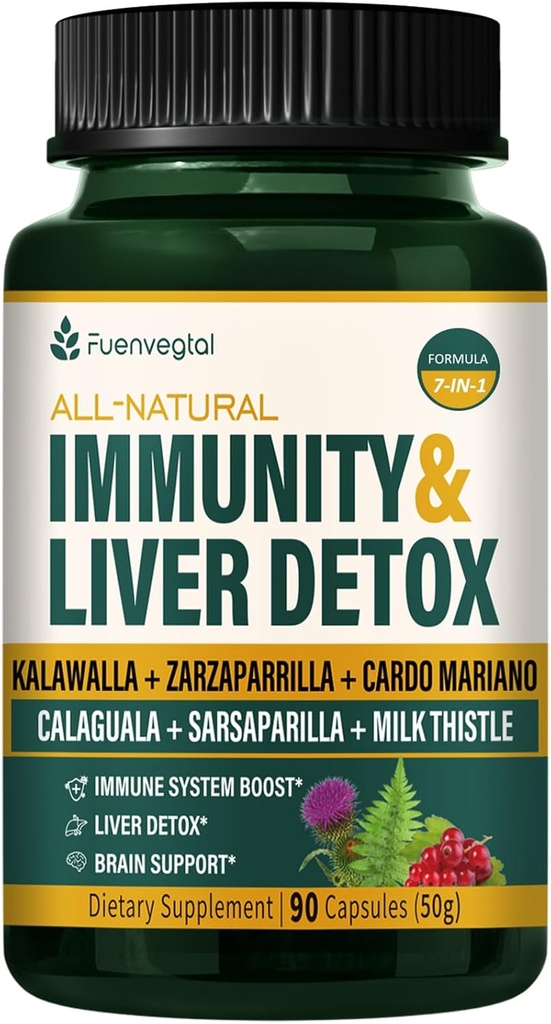 Jamaican Sarsaparilla Root Immunity & Liver Detox Cleanse Capsules, Skin Health & Immune Support Supplement med Kalawalla Milk Thistle. Zarzaparrilla y Cardo Mariano para el Higado Graso. 90 Caps