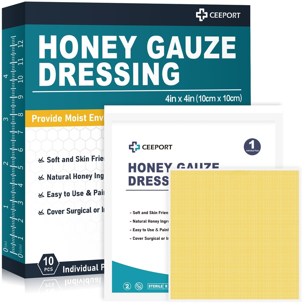 Honey Gauze Wound Dressing, 4 "x 4" Manuka Honey Wound Care, Medical Grade Honey Bandages for Wound Care, Honey Patch for Faster Healing from Burns, Abrasions, Cuts and Scalds (Pack of 10)