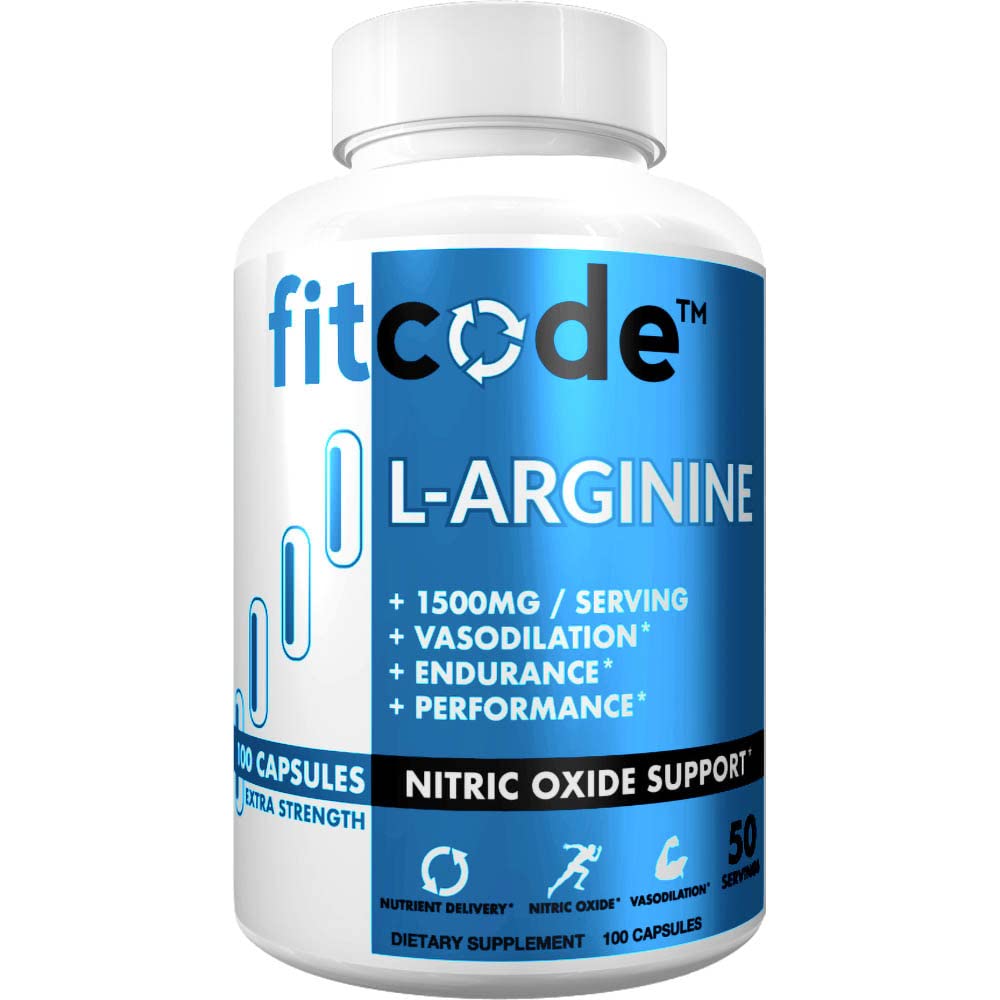 fitcode Pure Extra Strength L-Arginine HCl 1500mg, Nitric Oxide Supplement för Vascularity, Pumps, Endurance, Performance, Muscle Growth, Energy, Powerful N.O. Muscle Pump Capsules (50 portioner)