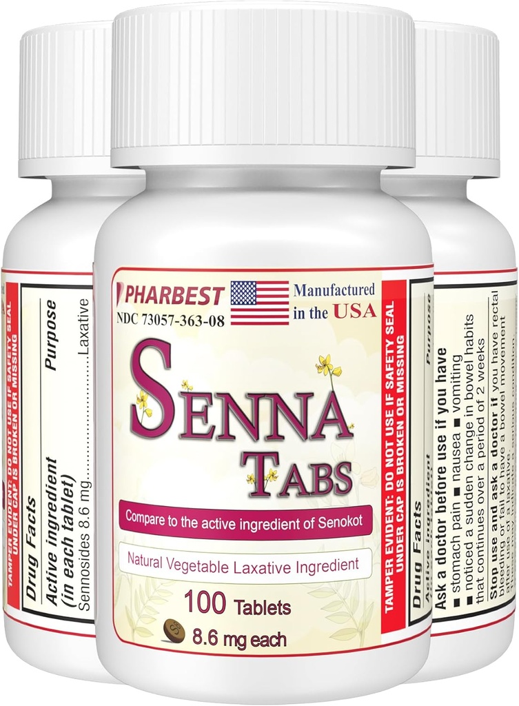 Senna tabletter 100 Ct. | Natural Vegetable Laxative [Made in USA] | Laxatives for Constipation, Colon Cleanser, Detox Cleanse, Constipation Relief for Adults Kids 8.6mg, Stool Softener Plus (1 flaska)