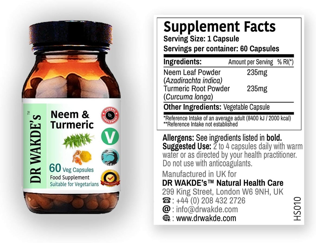 DR WAKDEs Neem & Turmeric Capsules | 60 Veg Caps | Ayurvedic Supplement | Vegan | 100% Herbal | Quantity Discounts | Samma dag Dispatch