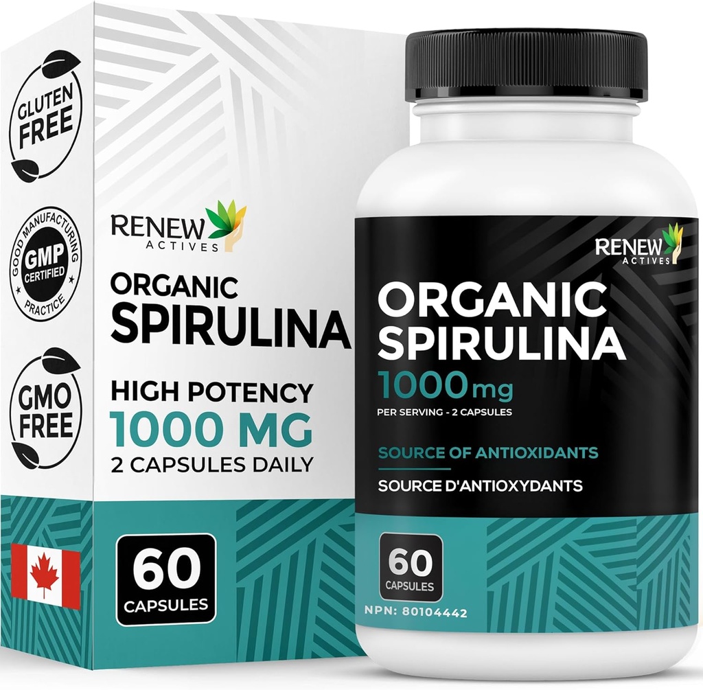 Renew Actives Organic Spirulina 1000MG per 2 kapslar - Superfood för män och kvinnor - Stöder energi, välbefinnande och immunfunktion - Rik i antioxidanter och näringsämnen - Tillverkad i Kanada - 60 kapslar