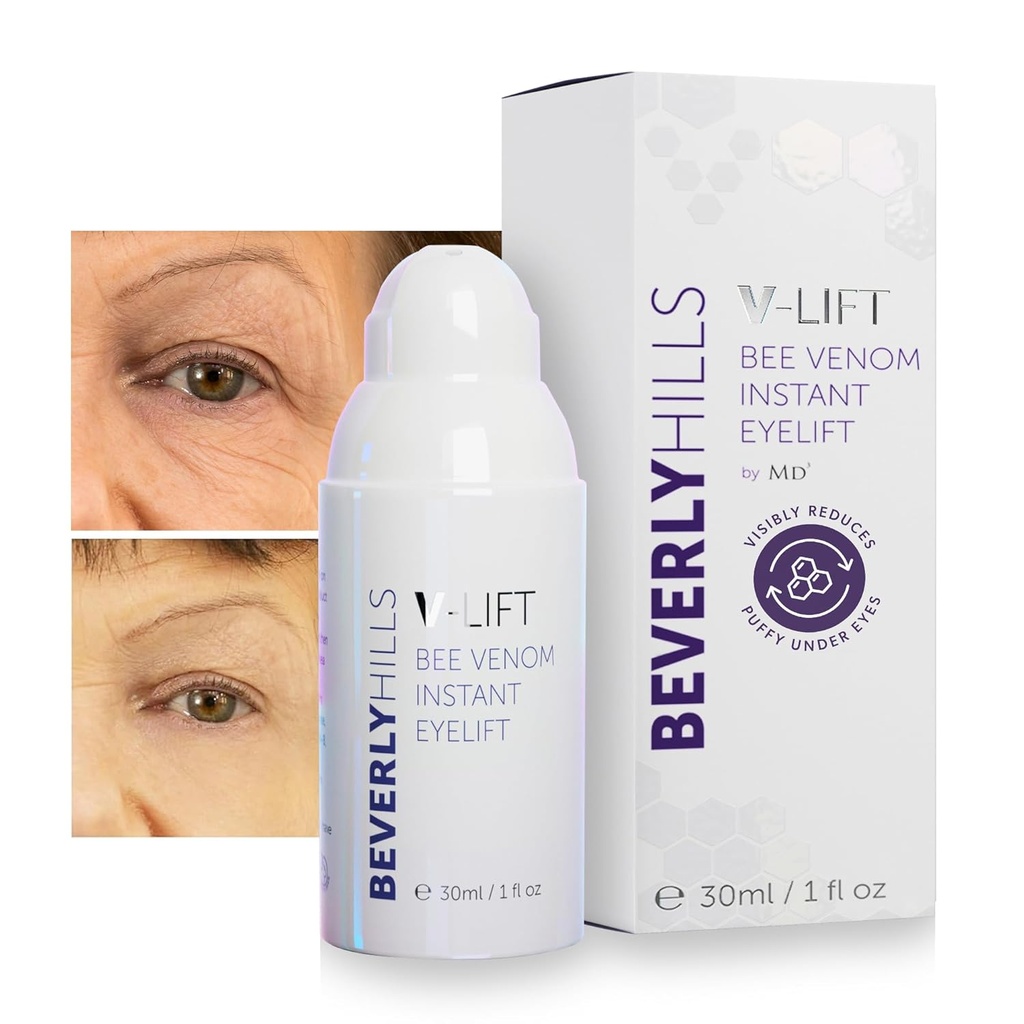 Beverly Hills V-Lift Instant Eye Lift och Eye Tuck Bee Venom Serum för Puffy Eyes, Dark Circles, Wrinkles och Under Eye Bags Behandling för kvinnor och män | 30mL (120 Day Supply)