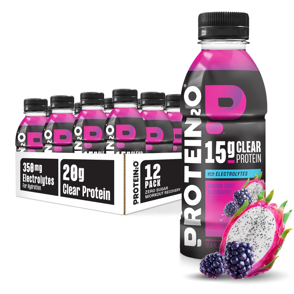 Protein2o Hydration Drink - 2-i-1 Liquid Clear Whey Protein Isolate och Electrolyte Drink - 15g Protein, Vitamin B5, B6 - Post-Workout Recovery - 16.9 Fl Oz - 12 Räkna Dragon frukt Blackberry