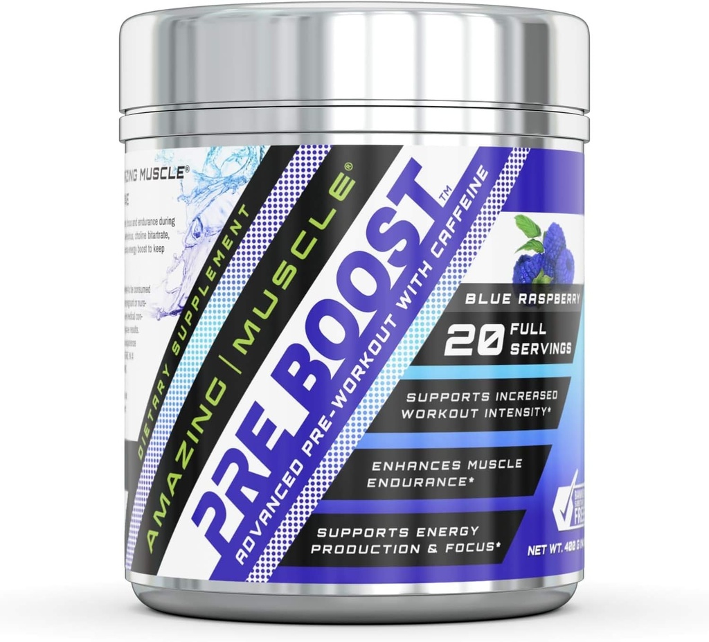 Amazing Muscle Pre Boost Formel med koffein tillskott | 20 portioner per behållare | Blue Raspberry smak