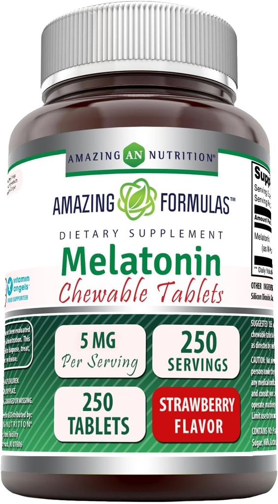 Amazing Formulas Melatonin Chewable Supplement | 5 Mg Per Serving | 250 Tablets | Non-GMO | Gluten-Free | Made in USA (Strawberry Flavor)