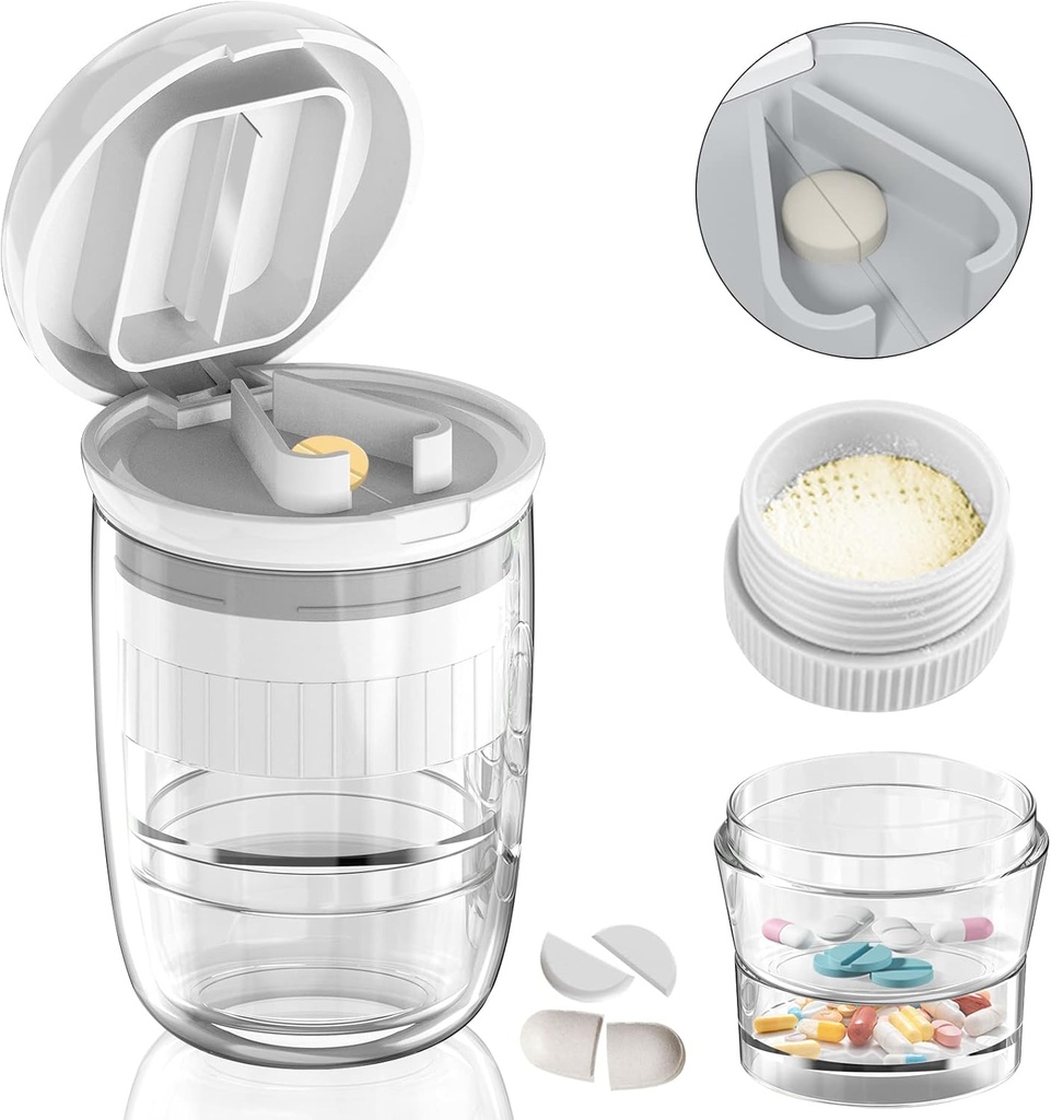 White-1 Pill Splitter och Cutter, Crushes Tablets, Vitaminer, Rostfritt stål Blade, Avtagbar Drinking Cup