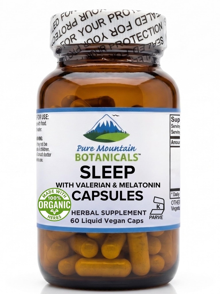 Naturlig sömn med organisk valerian, kamomill, passion blomma, Skullcap, Melatonin, Hops & More - 60 Vegan kapslar