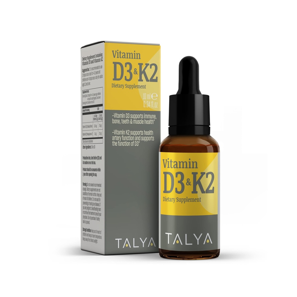 TALYA Vitamin D3 & K2 | Liquid Vitamin D3 med K2 Drops | 1000 IE | Immune Support - Hjälper till att stödja starka ben och hälsosamt hjärta | Icke-GMO | Vegan | 60 portioner, 0,34 fl.oz