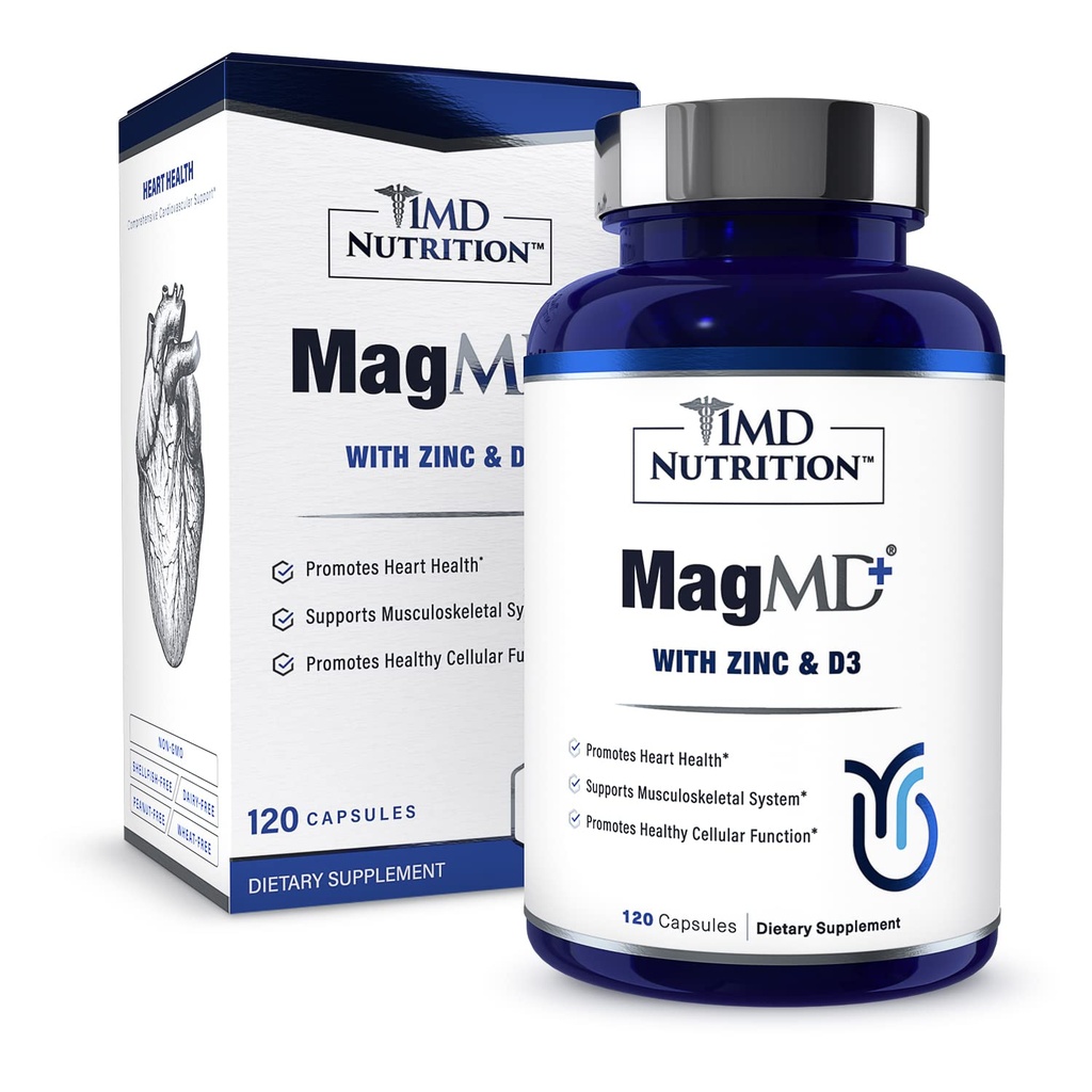 1MD Nutrition MagMD Plus - Magnesium med Zink & D3 | Främjar hjärthälsa, stöder ben- och muskelstyrka och hjälper immunsystem - 120 Ct