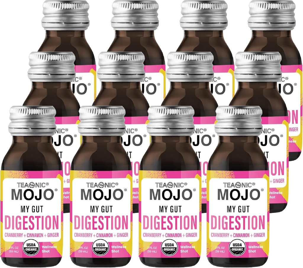TEAONIC My Gut Mojo: Digest, Detox Drinks för bättre matsmältning, med Cranberry, Ginger, Cinnamon, USDA-Certified, Sugar-Free, koffeinfria drycker, 12 flaskor, varje vägande 2 Fl Oz