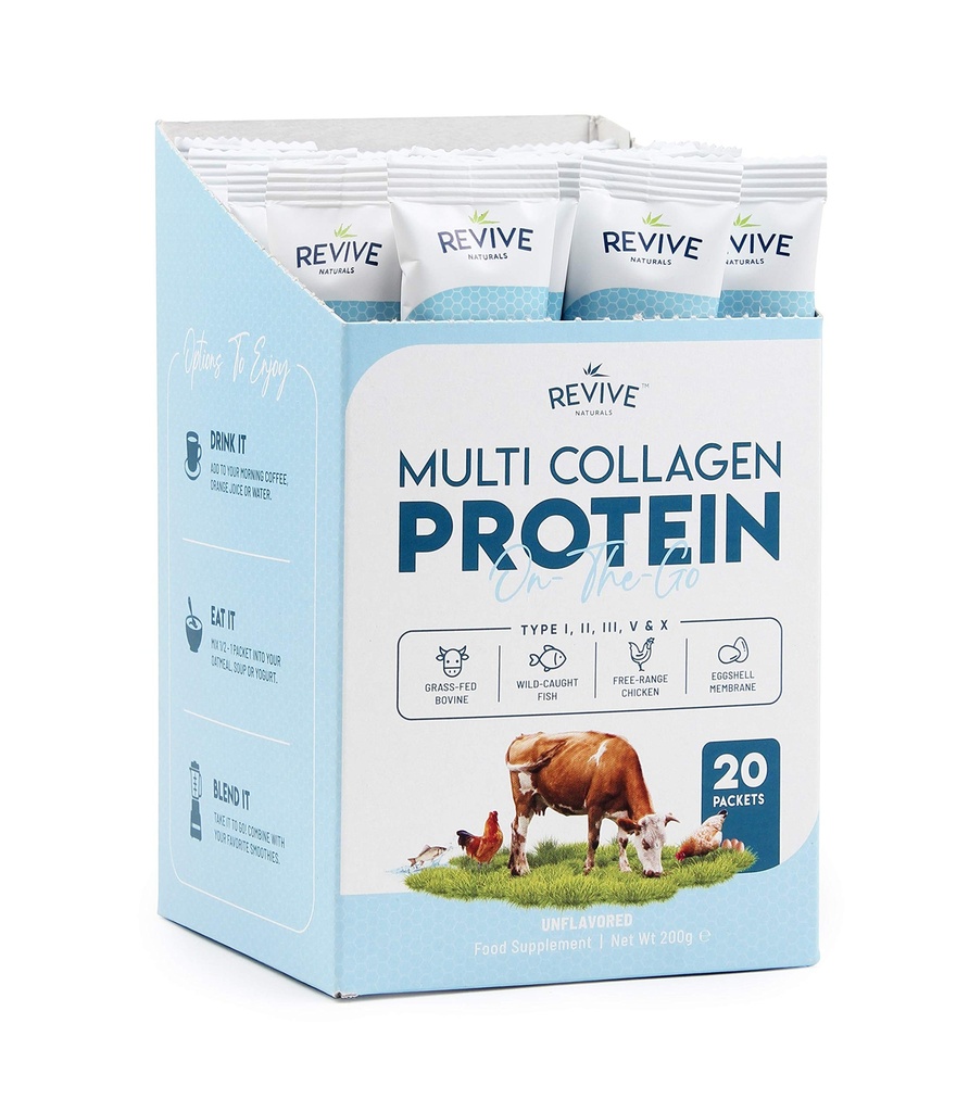 Multi Collagen Protein Powder Packets - Types I, II, III, V & X - Hydrolyzed Grass Fed Bovine, Wild Caught Fish, & Free-Range Chicken & Eggshell Collagen. Non-GMO, Halal, (10g Each, 20 Packets)