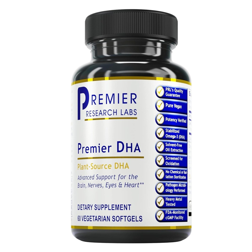 Premier Research Labs Premier DHA - Vegan DHA med Omega 3 Fatty Acids, Algae Based DHA för kvinnor och män, Natural DHA Supplement Suitable for Vegans- 60 Vegetarian Softgel Capsules