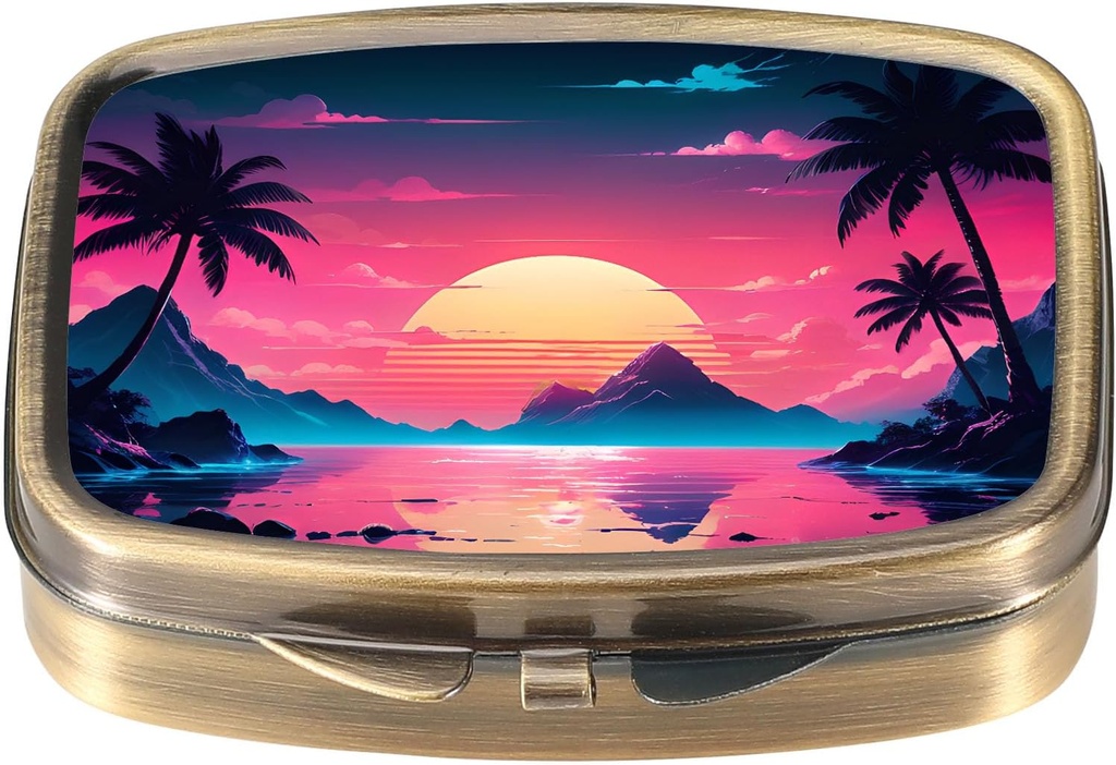 Dynippy Pill Case Pill Box med Mirror Retro Pocket 2 Compartment Medicine Case Vitamin Pill Organizer för Pocket Purse and Travel (Vintage Landscape Pattern)